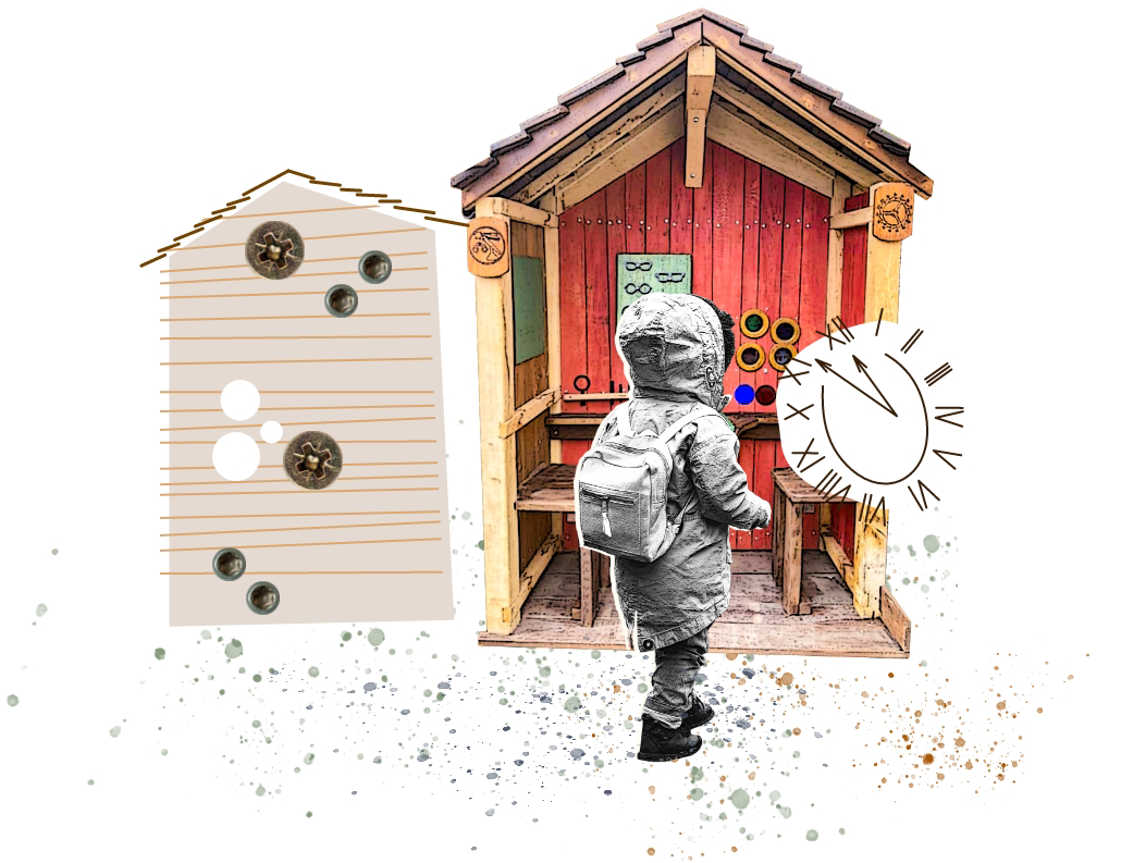 Illustration von Holzhütten mit einem Kind im Vordergrund