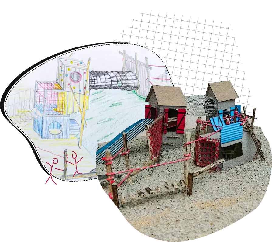 Bildercollage von einem Spielplatz und Skizze eines Spielplatzes